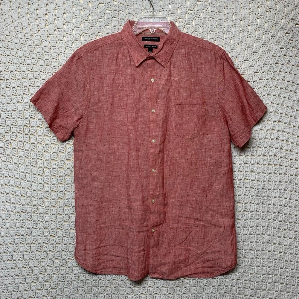 Banana Republic 100% Linen Shirt Mens L Red Camden Fit‎ Button Up Short Slv